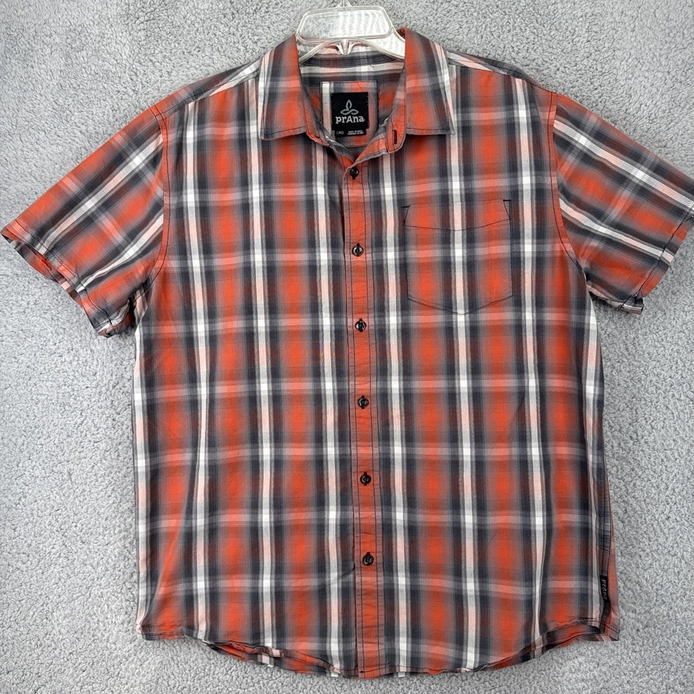 prAna Shirt Mens Large S/S Button Up Pocket Grey Orange Plaid Organic Cotton